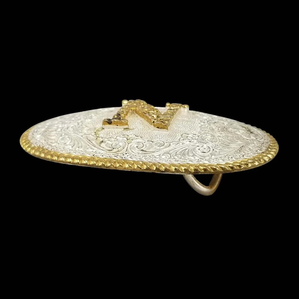 Crumrine Mfg Western Belt Buckle Initial N Silver Gold Tone Floral Engraved Oval